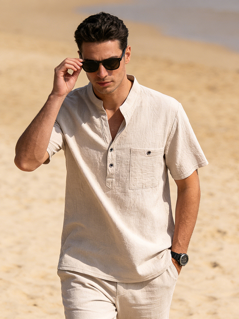 Linen Shirt Summer - Men's Cotton Linen Henley Shirt Short