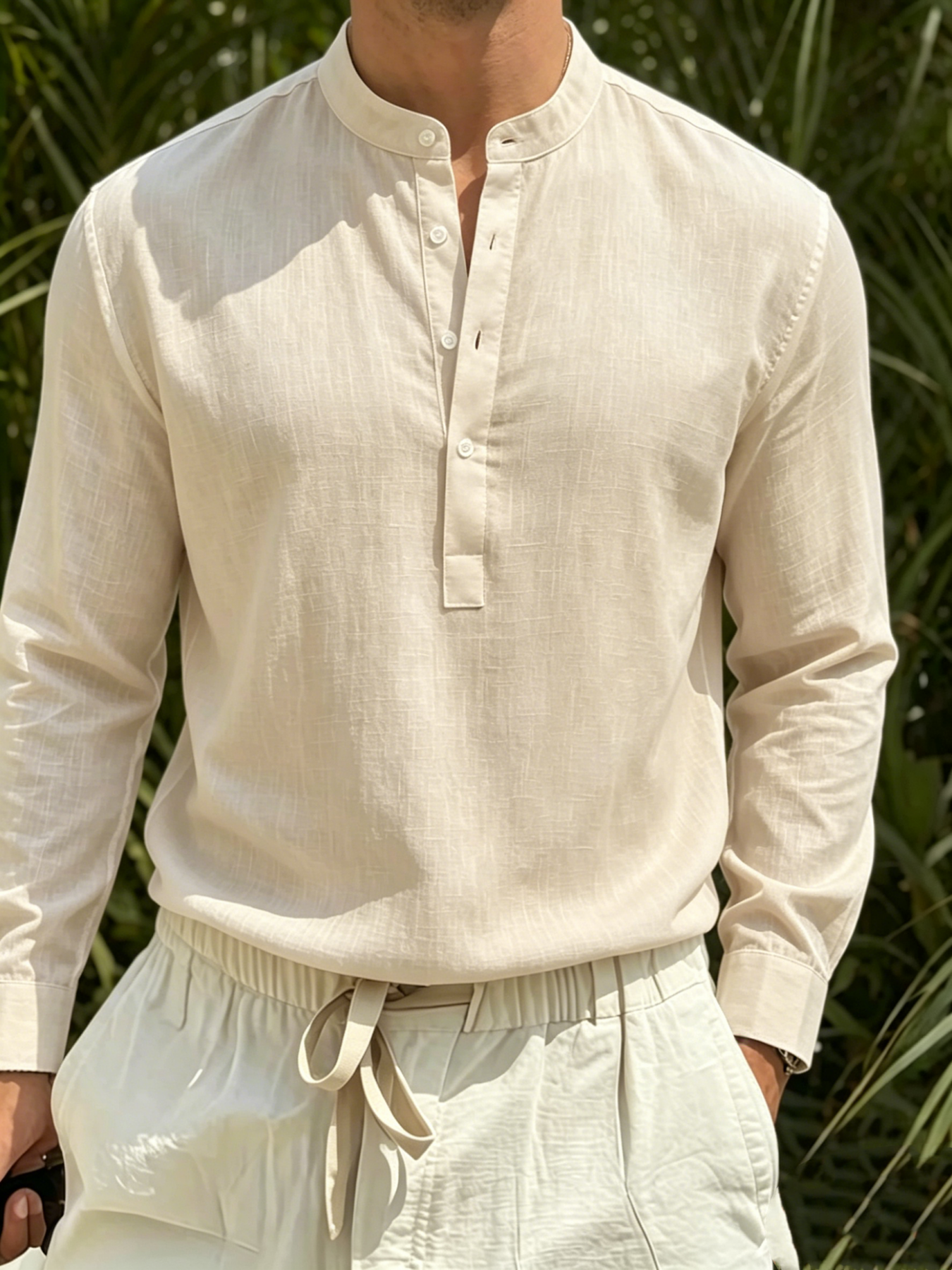 Linen Shirt Summer - Men Cotton Linen Stand Collar Henley