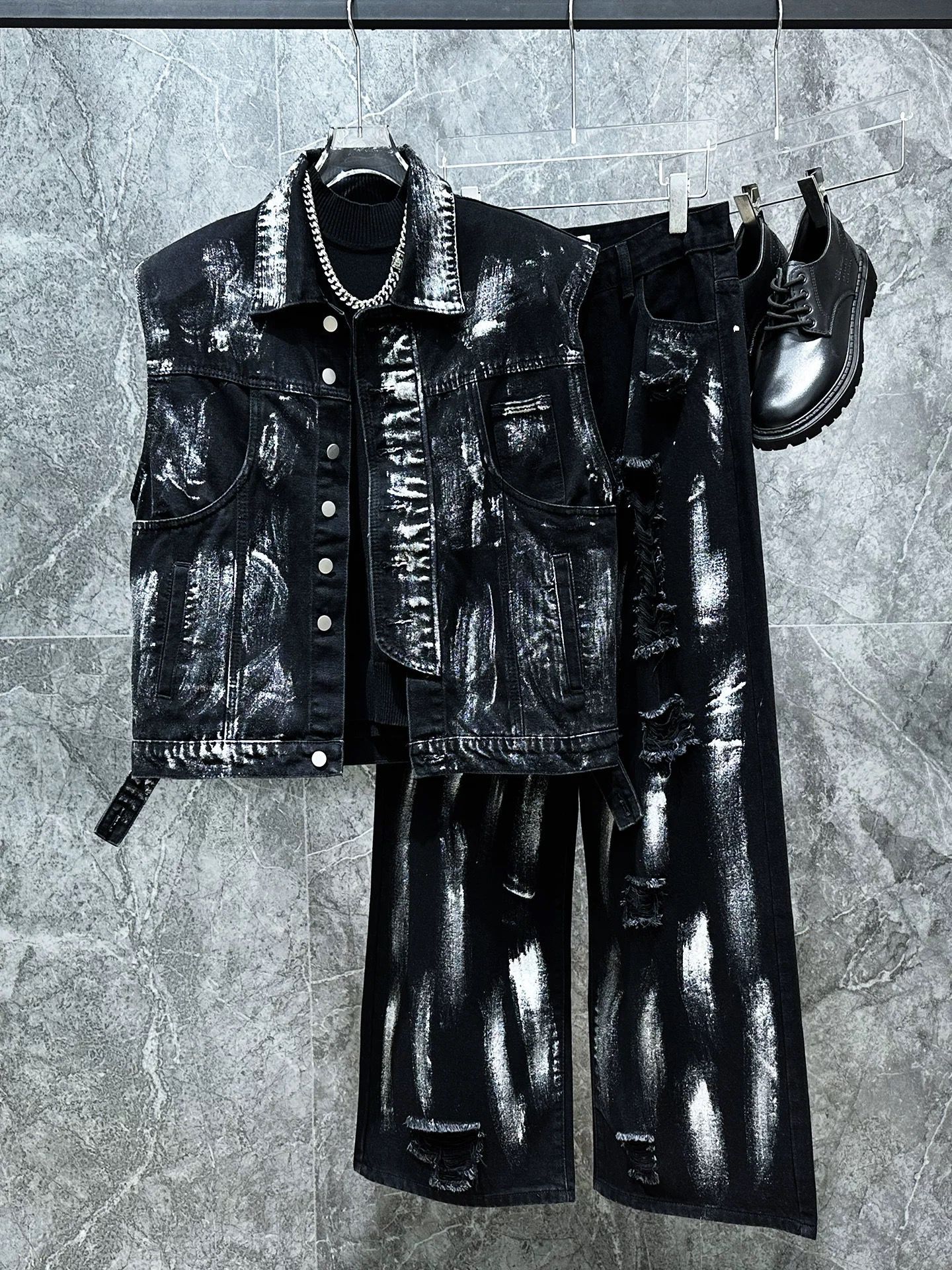 Men'S Fashion Vest With Jeans - Men's Ripped Jeans Two-piece Set Splashed